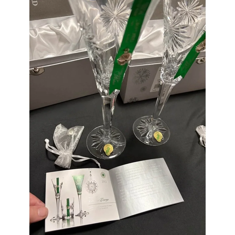Waterford Snowflake Wishes Courage Crystal Champagne Flutes Pair Unused w/ Box